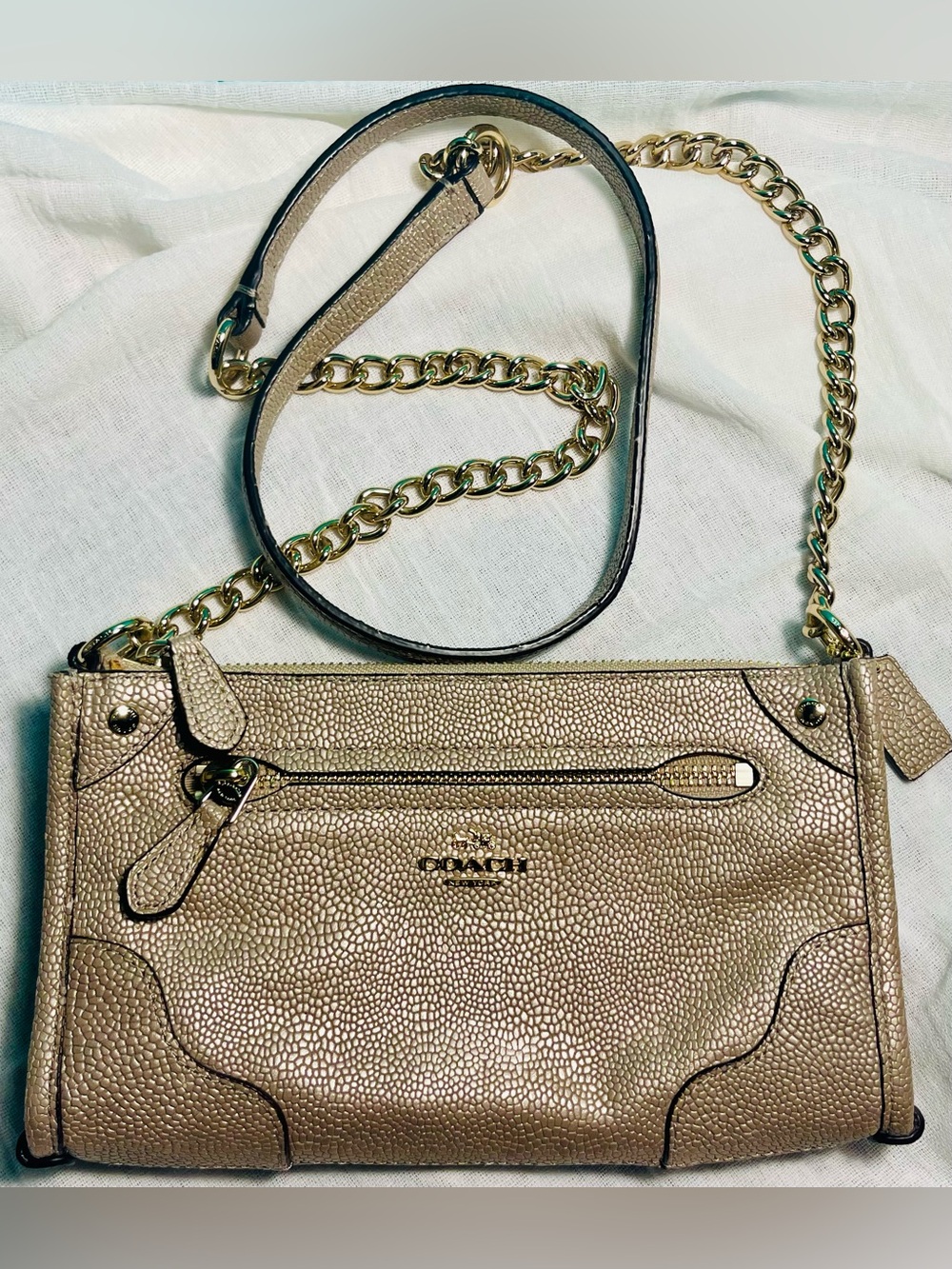Coach Mickie Crossbody Bag Pearlized Metallic Gold Leather F52668